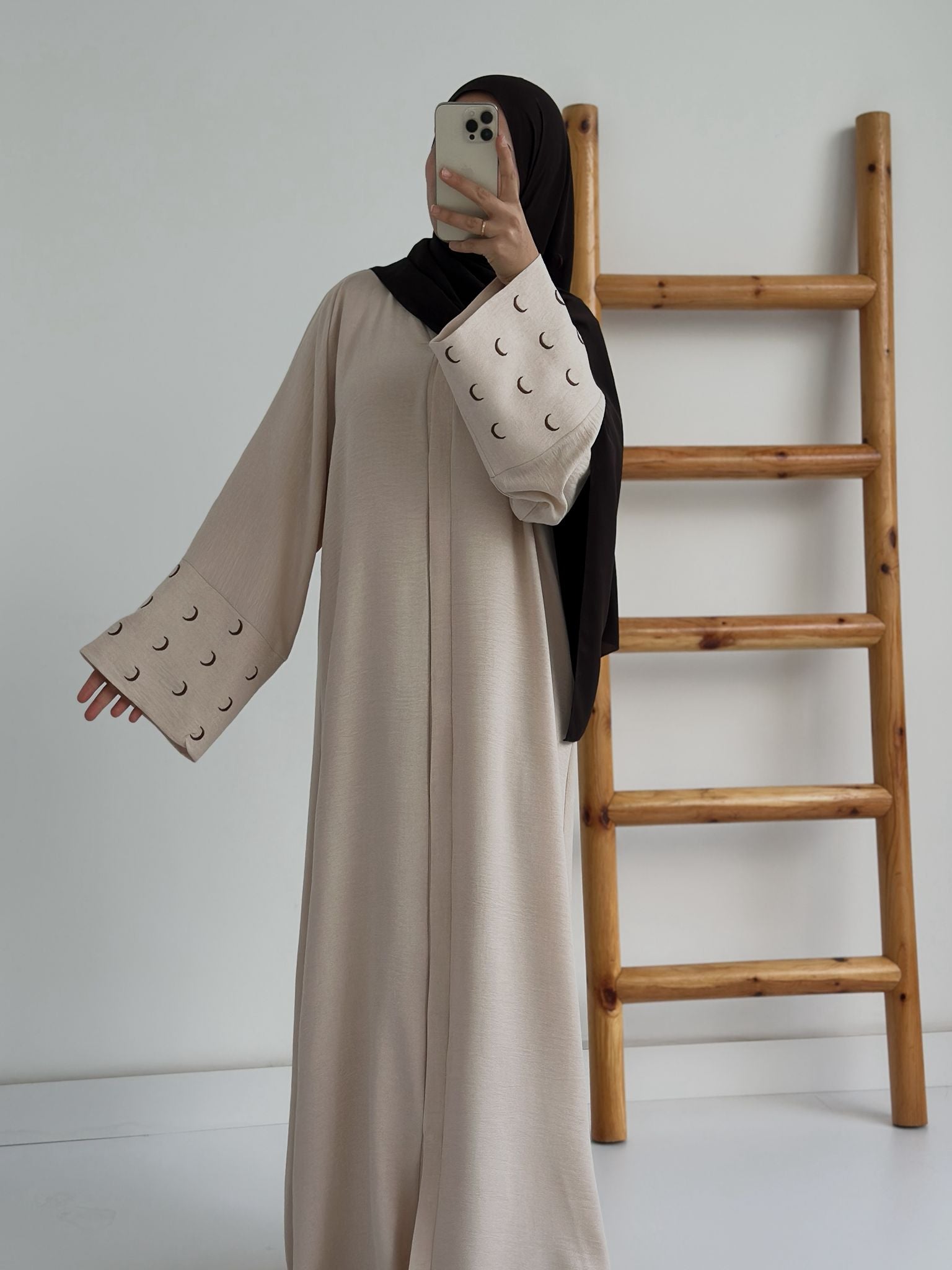 Sofya Keten Hilal Abaya (Krem+kahverengi)
