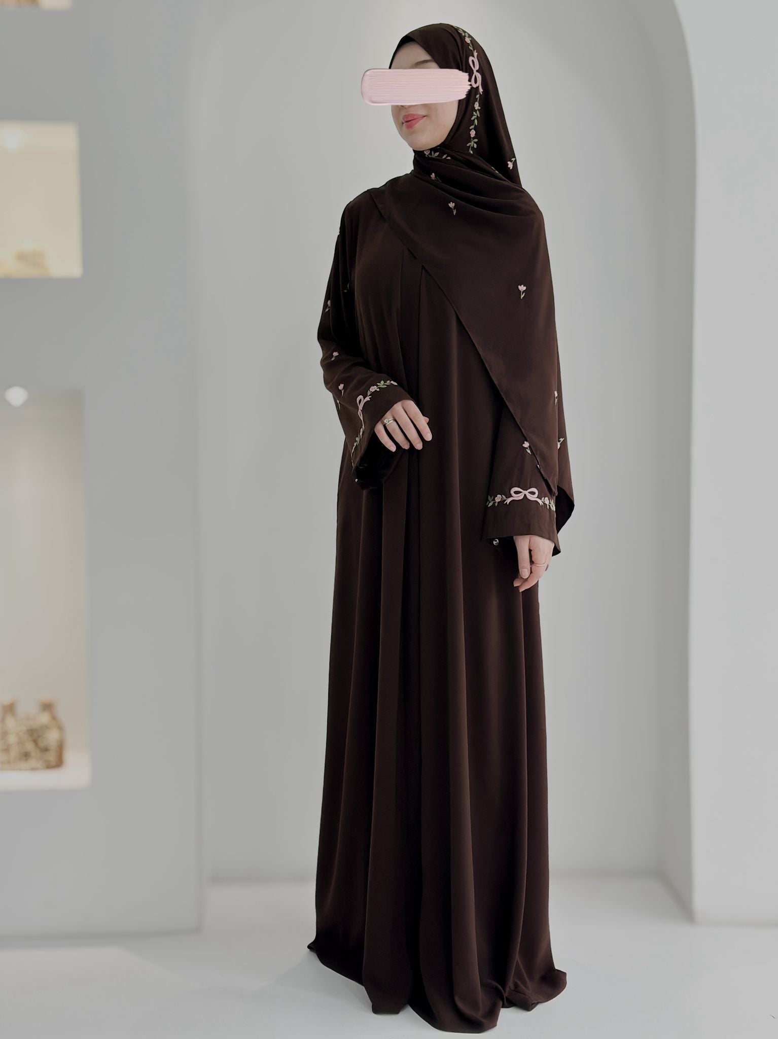 Tam Kol Nakış Abaya+Şal Acı Kahve ÖN SİPARİŞ ÜRÜNÜMÜZDÜR