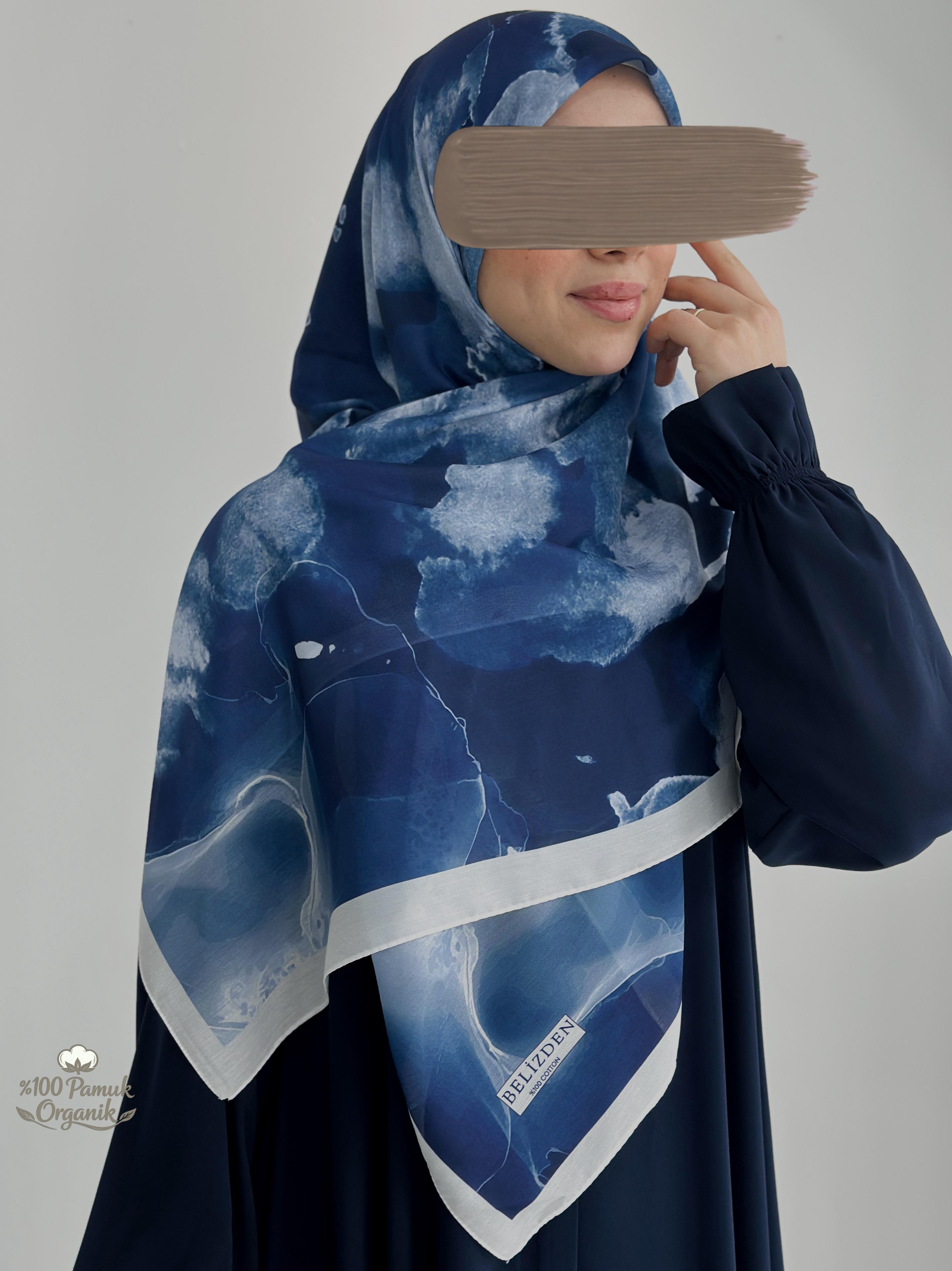 Ebruli Desen Organik Eşarp Lacivert ÖN SİPARİŞ ÜRÜNÜMÜZDÜR