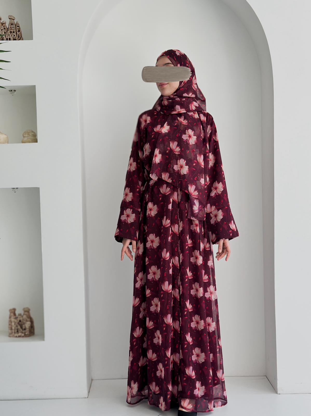 Şifon Desenli Abaya +Şal +Düz Şal Bordo ÖN SİPARİŞ ÜRÜNÜMÜZDÜR