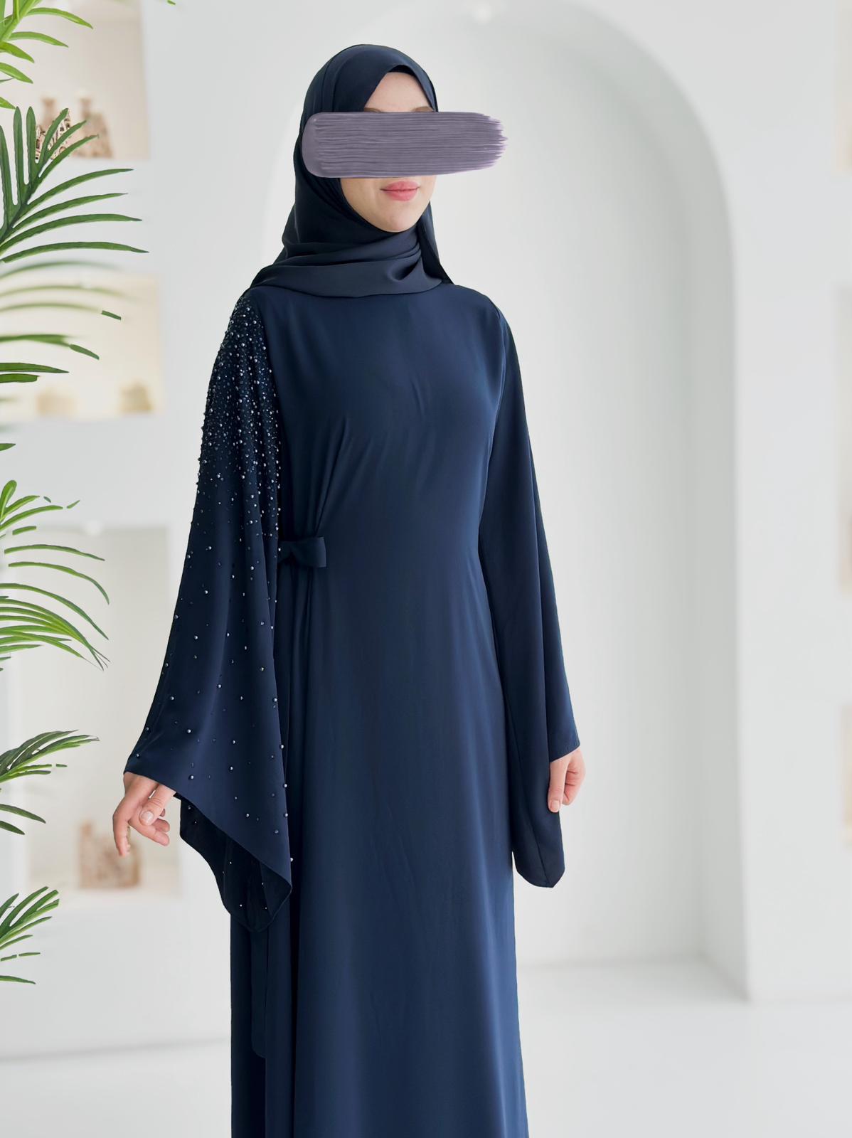 Beliz Taşlı Abaya Lacivert Ürün boyu 150cm