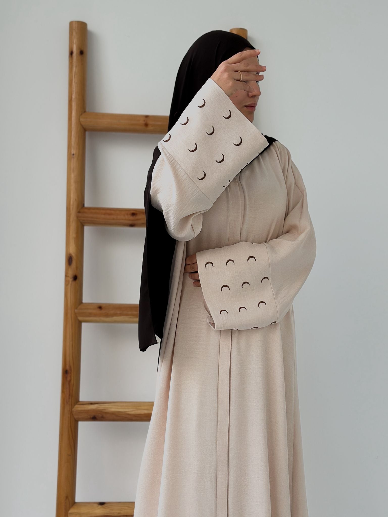 Sofya Keten Hilal Abaya (Krem+kahverengi)