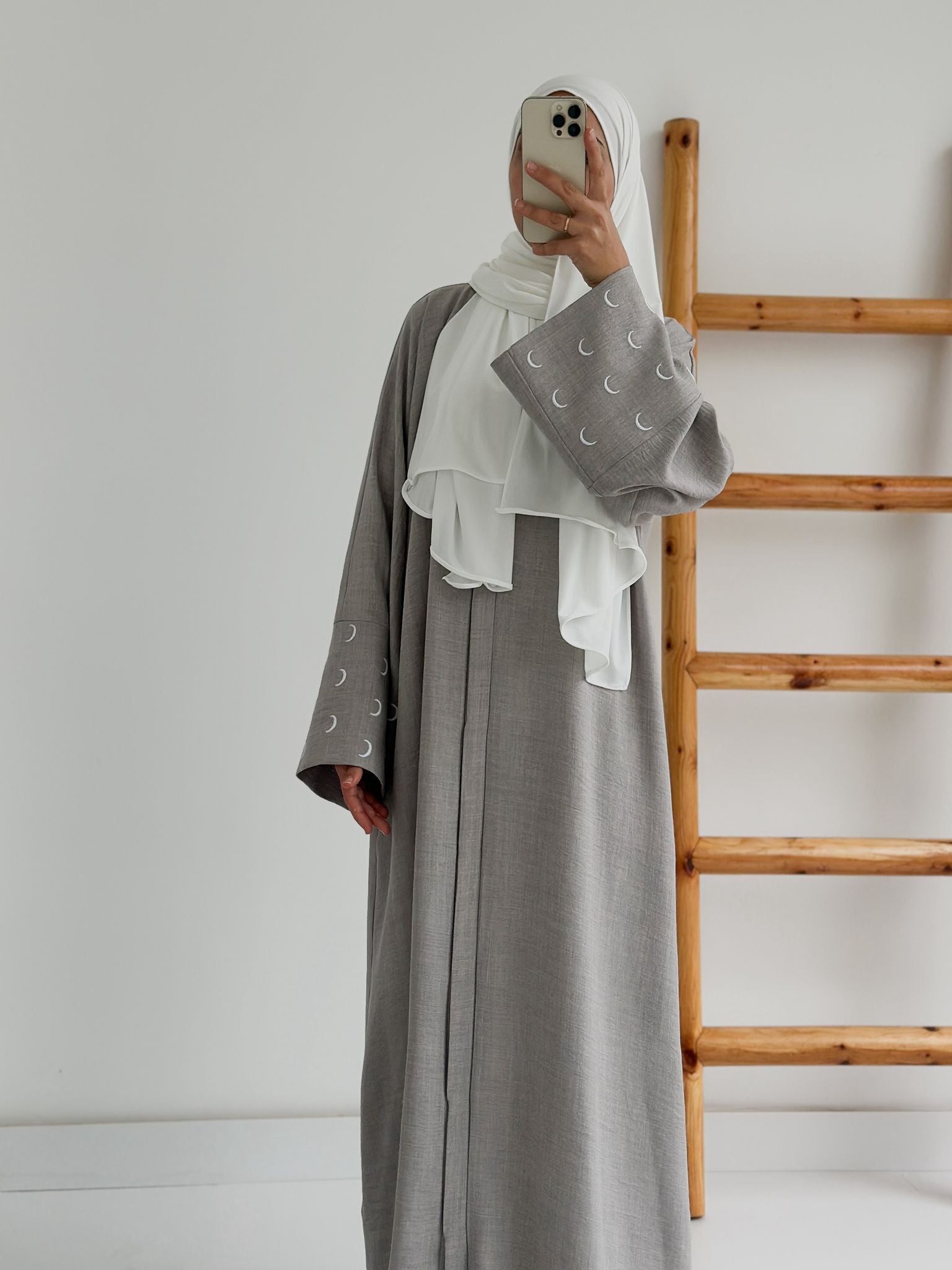 Sofya Keten Hilal Abaya Şalsız (Gri+Beyaz)