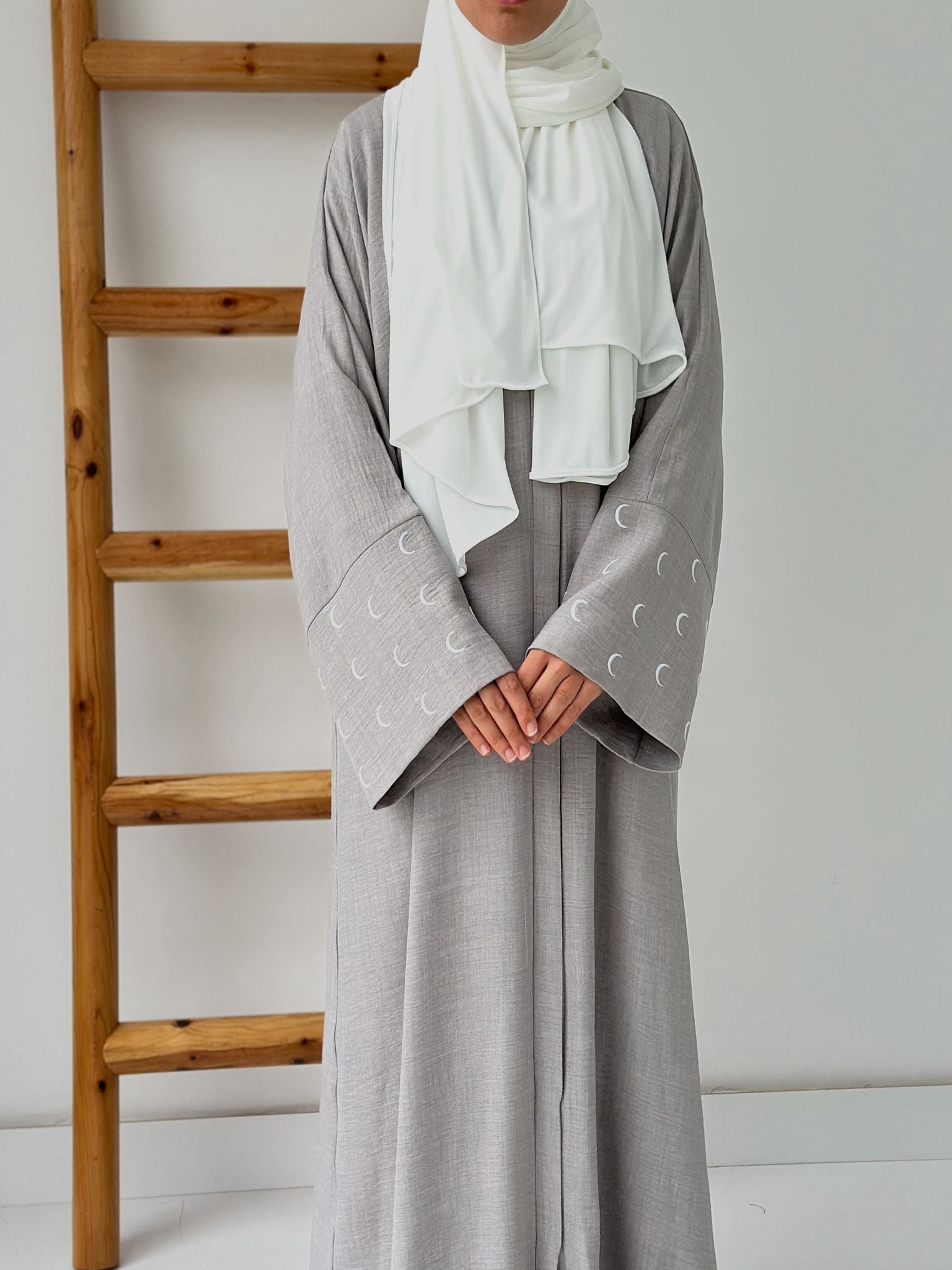 Sofya Keten Hilal Abaya Şalsız (Gri+Beyaz)
