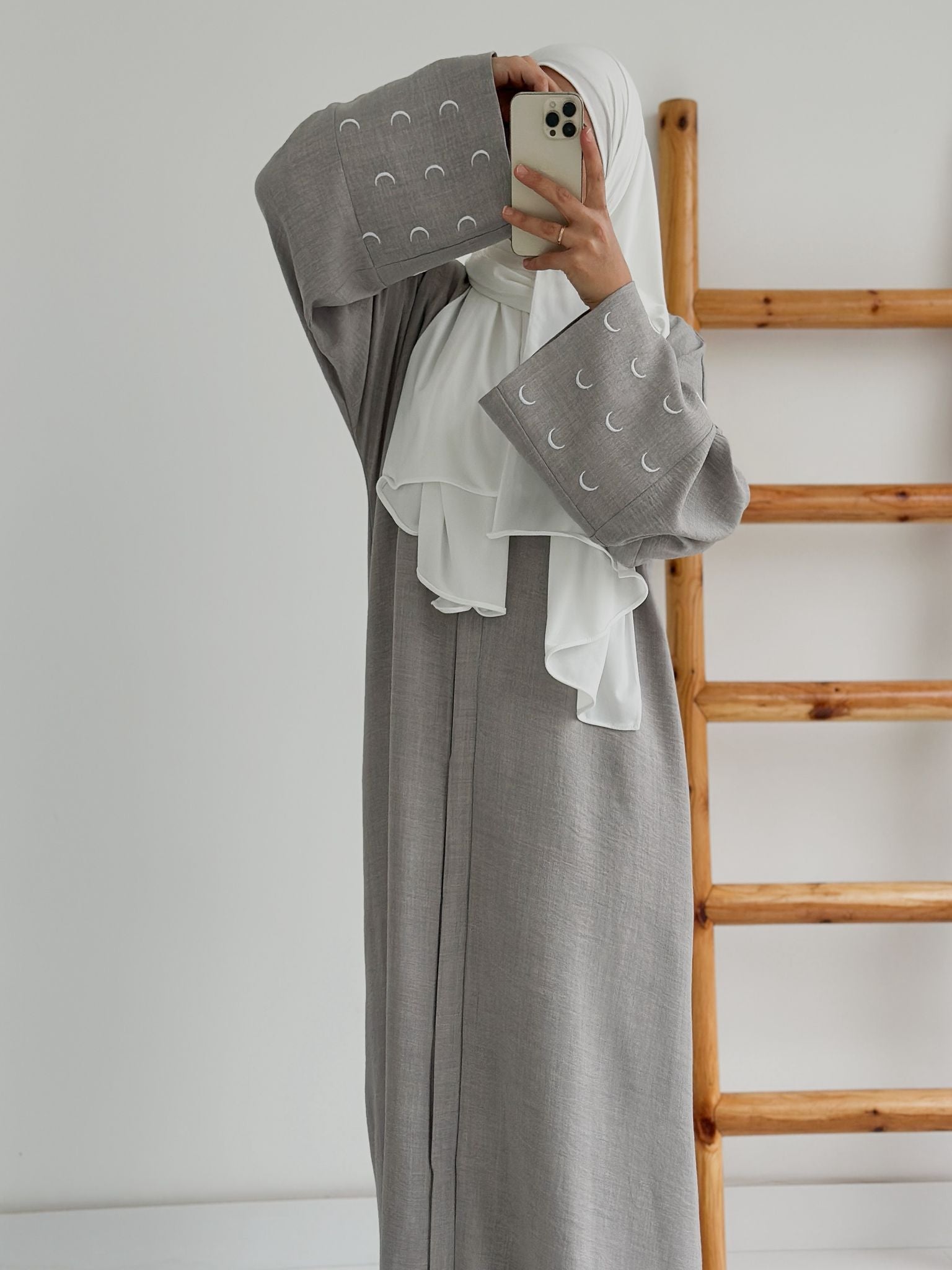 Sofya Keten Hilal Abaya Şalsız (Gri+Beyaz)
