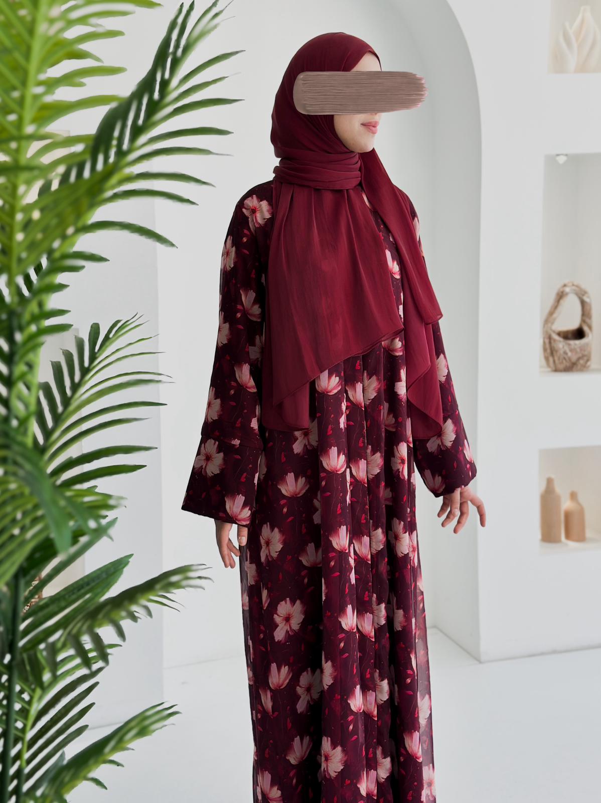 Şifon Desenli Abaya +Şal +Düz Şal Bordo ÖN SİPARİŞ ÜRÜNÜMÜZDÜR