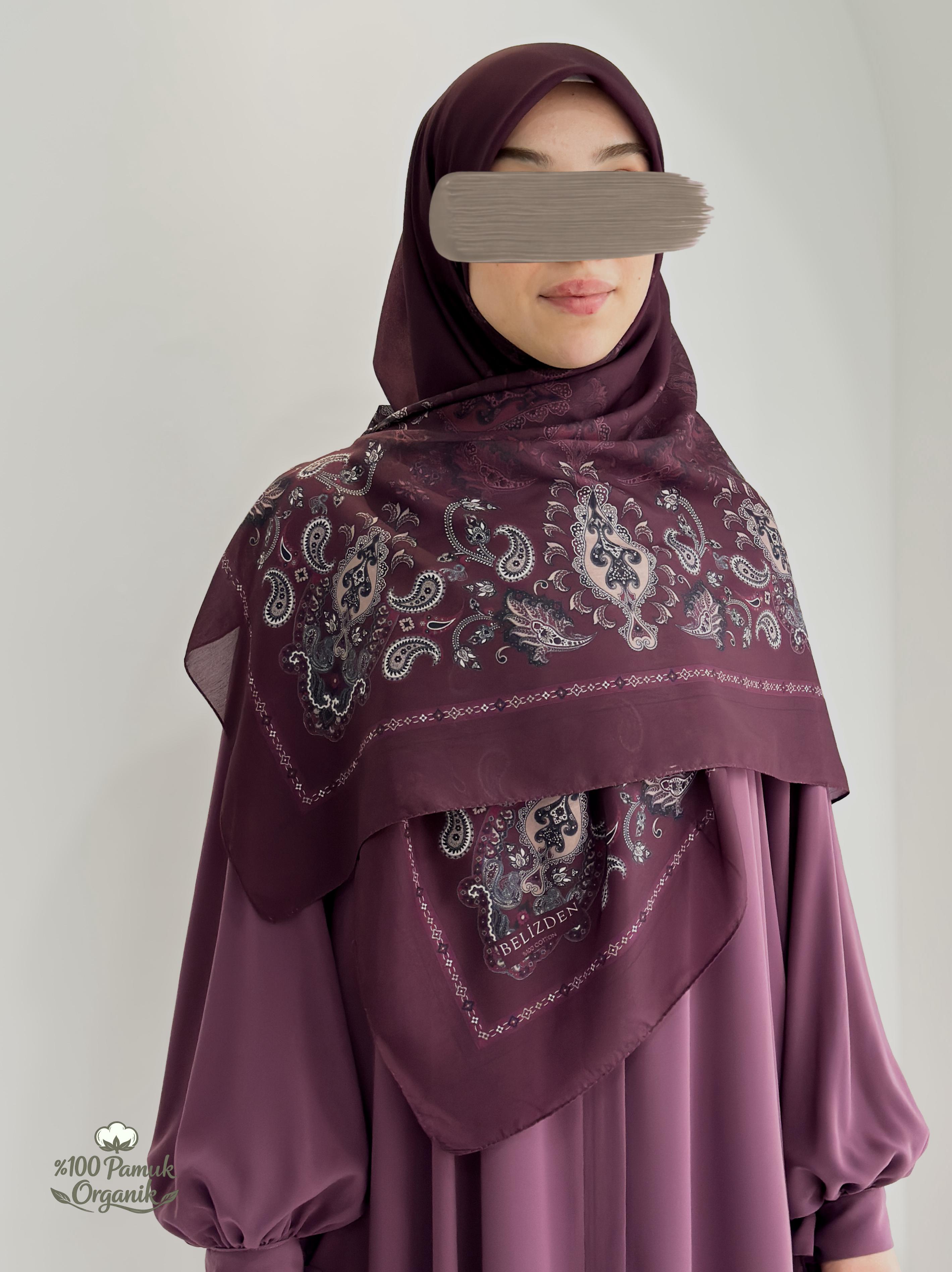 Etnik Desen Organik Eşarp Mürdüm ÖN SİPARİŞ ÜRÜNÜMÜZDÜR