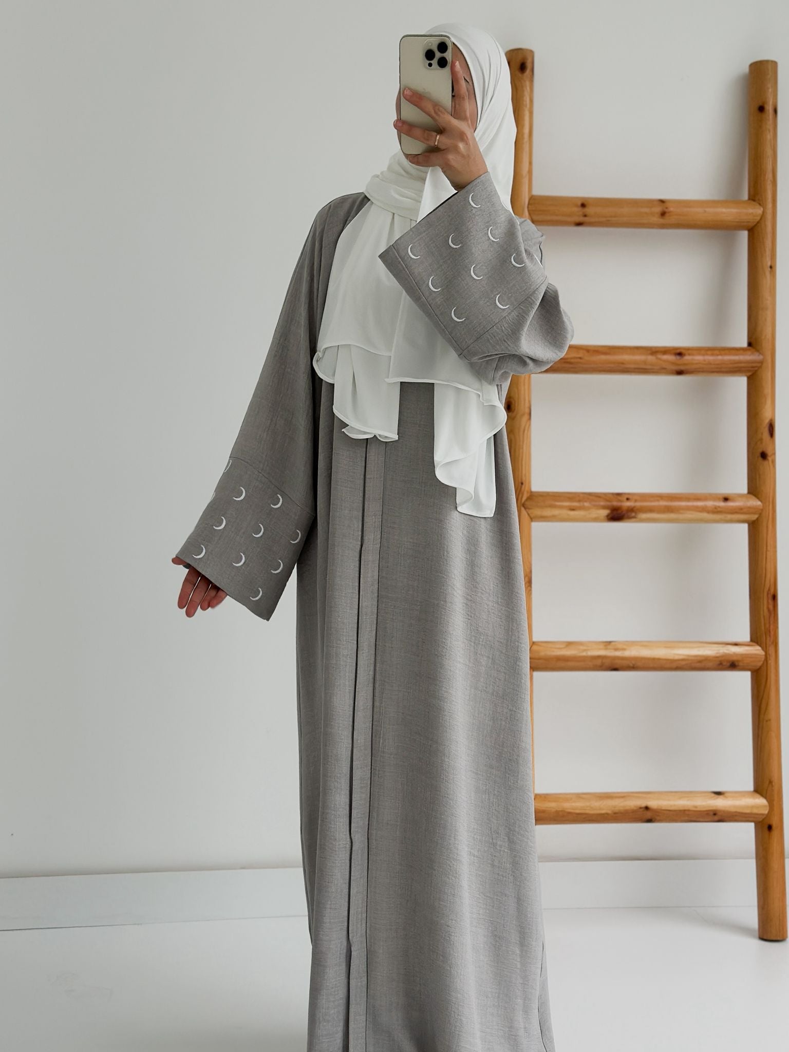 Sofya Keten Hilal Abaya Şalsız (Gri+Beyaz)