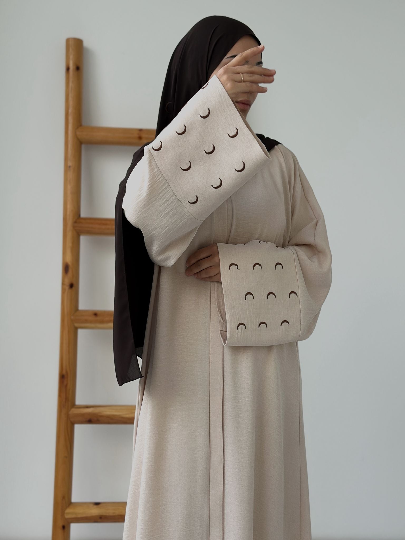 Sofya Keten Hilal Abaya (Krem+kahverengi)