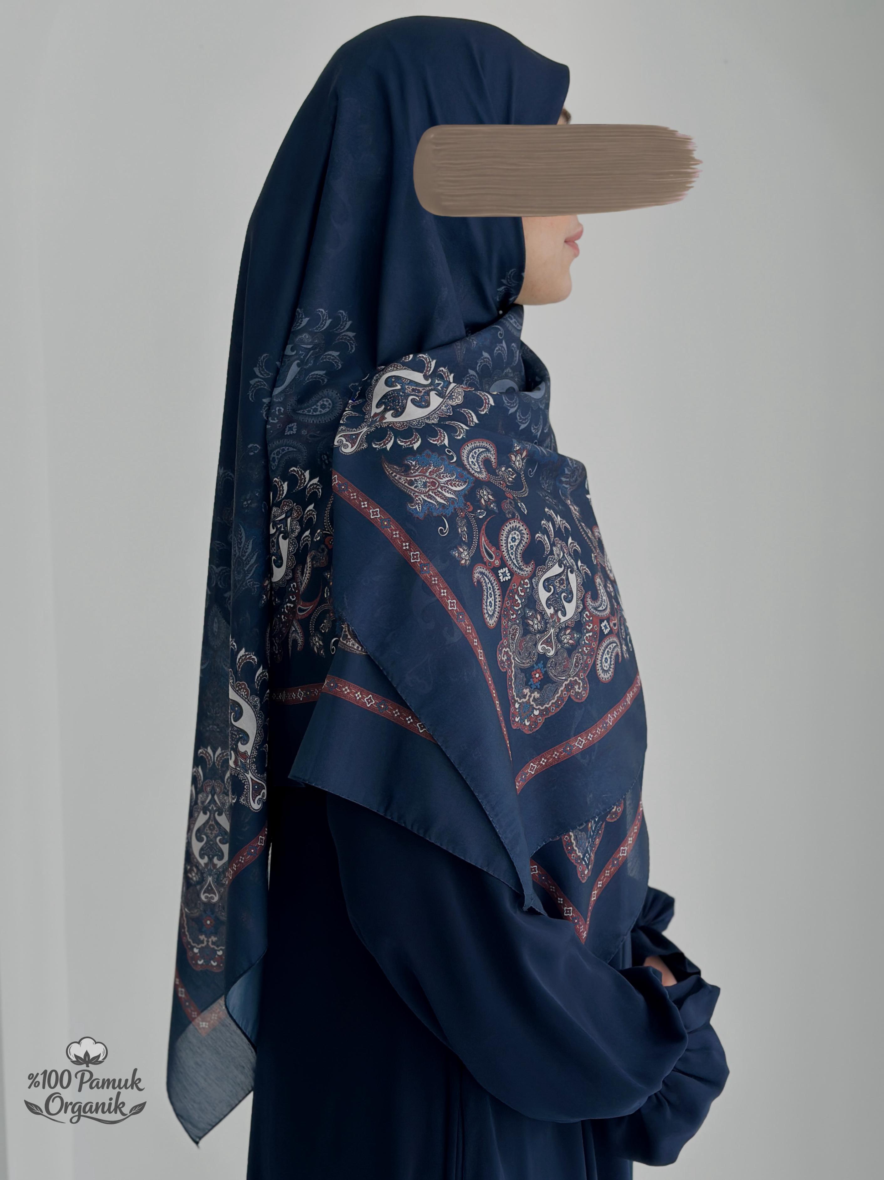 Etnik Desen Organik Eşarp Lacivert ÖN SİPARİŞ ÜRÜNÜMÜZDÜR