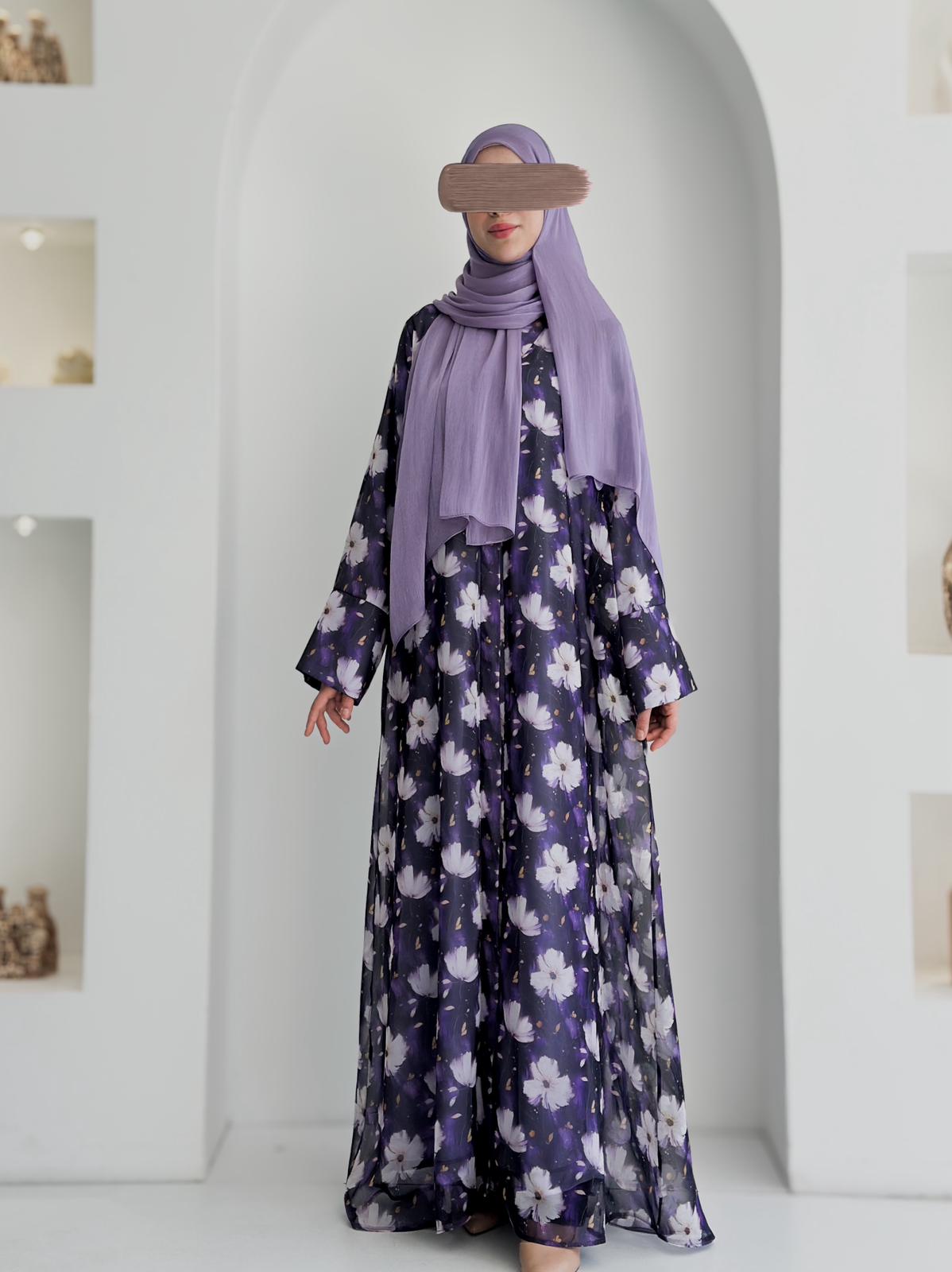 Şifon Desenli Tek Abaya +Şal +Düz Şal Lila ÖN SİPARİŞ ÜRÜNÜMÜZDÜR
