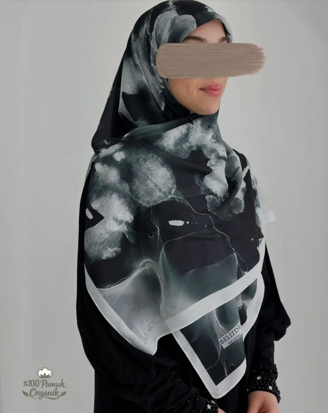 Ebruli Desen Organik Eşarp Siyah ÖN SİPARİŞ ÜRÜNÜMÜZDÜR