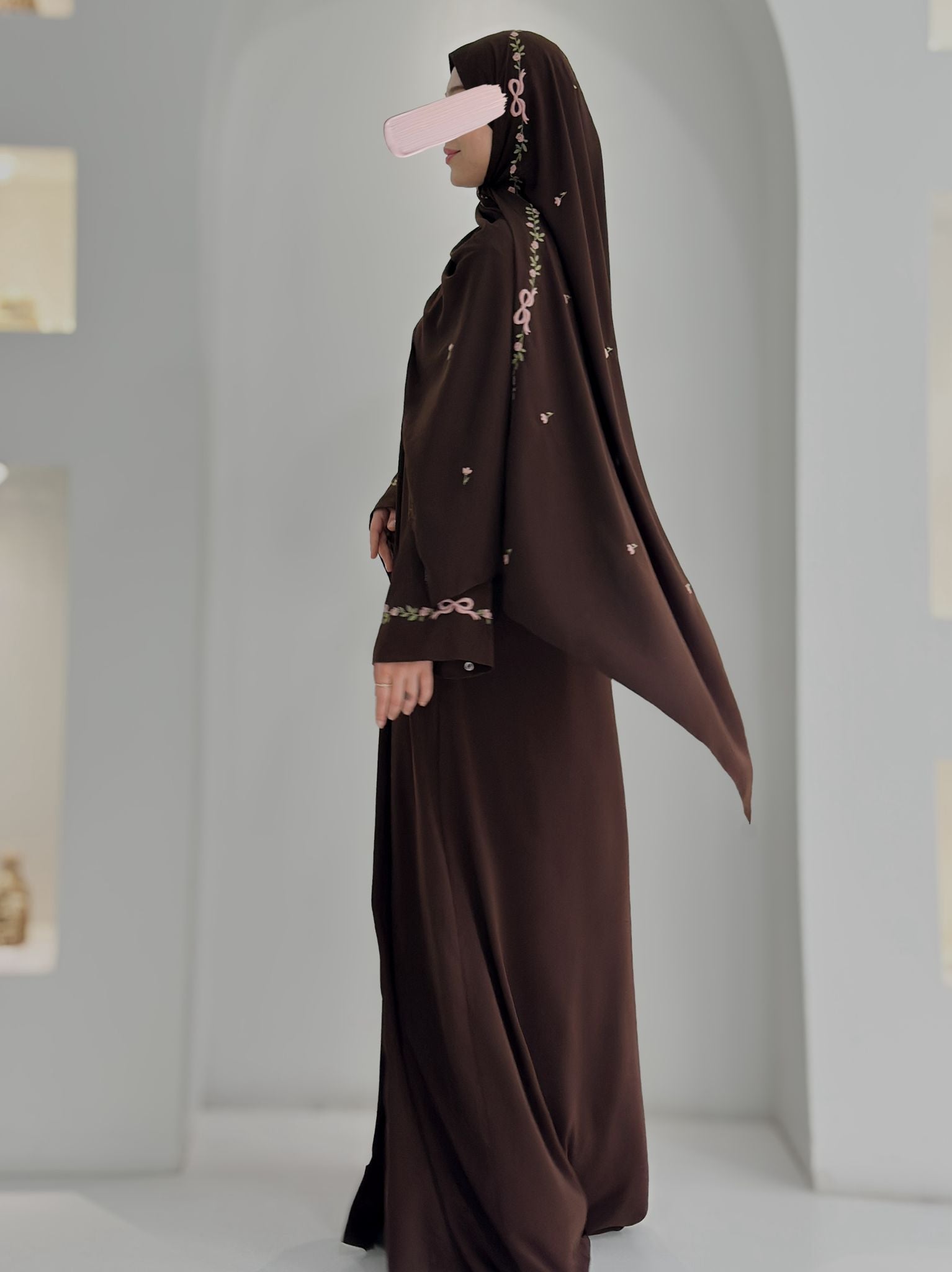 Tam Kol Nakış Abaya+Şal Acı Kahve ÖN SİPARİŞ ÜRÜNÜMÜZDÜR