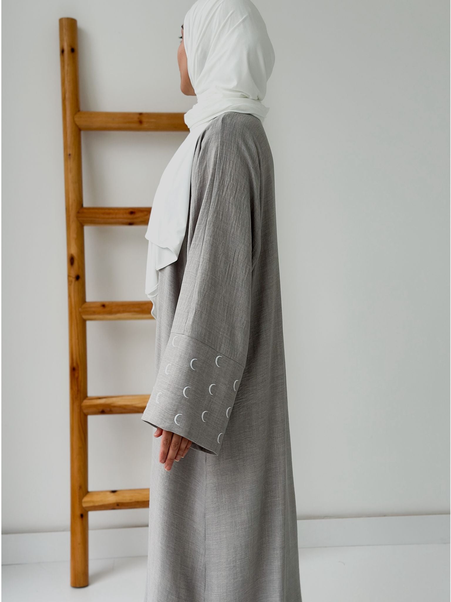 Sofya Keten Hilal Abaya Şalsız (Gri+Beyaz)