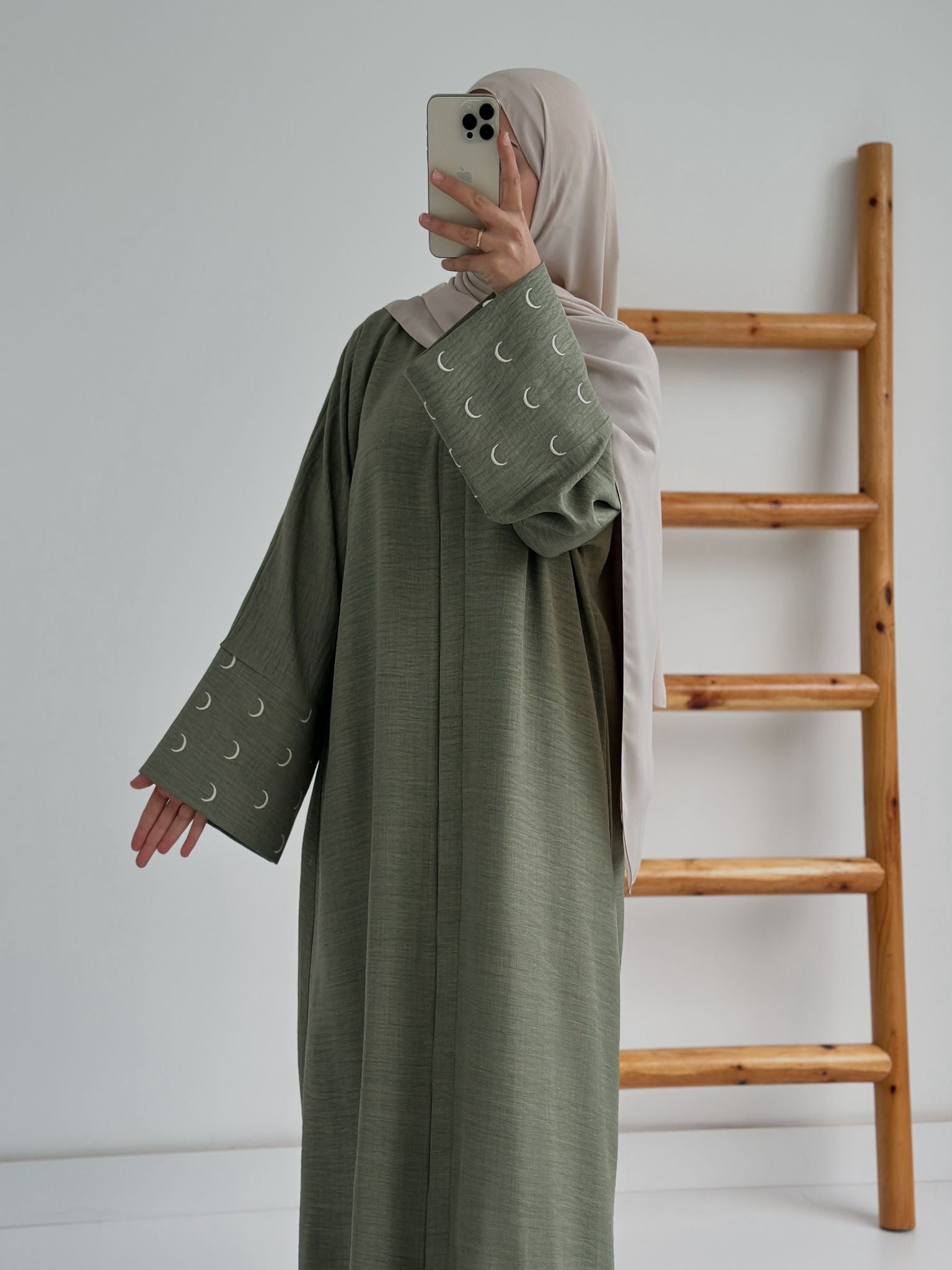Sofya Keten Hilal Abaya (Haki +Krem)