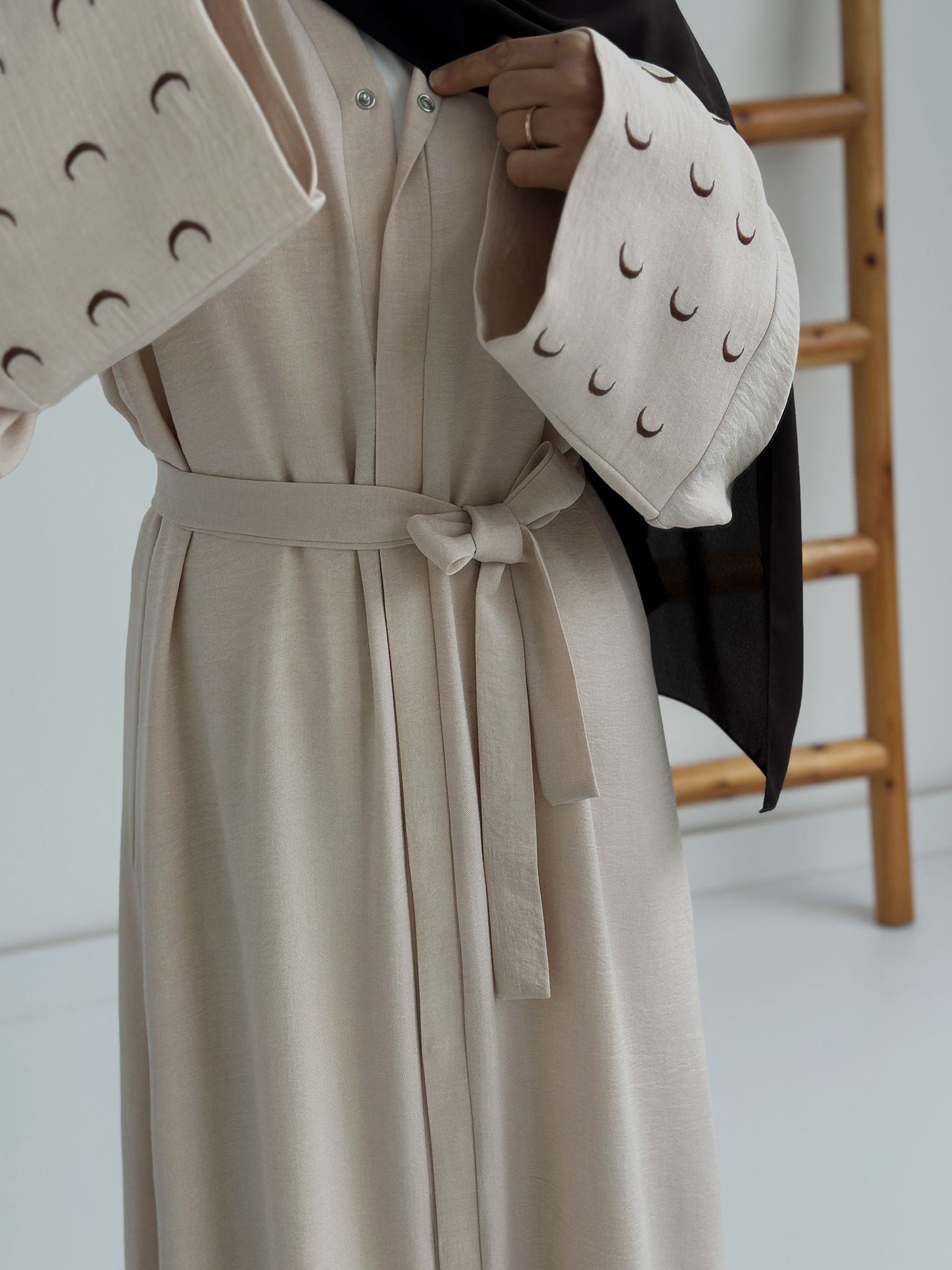 Sofya Keten Hilal Abaya (Krem+kahverengi)