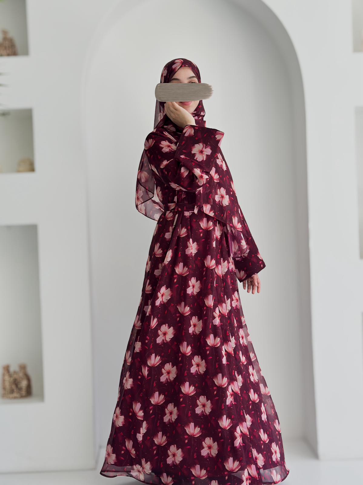 Şifon Desenli Abaya +Şal +Düz Şal Bordo ÖN SİPARİŞ ÜRÜNÜMÜZDÜR