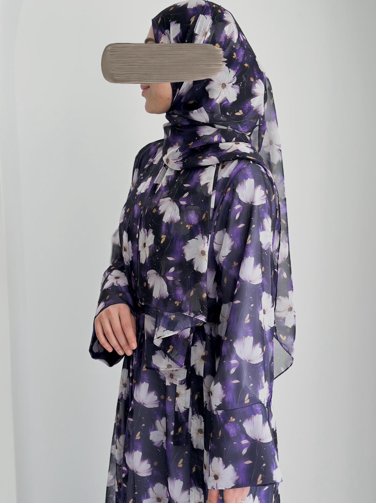 Şifon Desenli Tek Abaya +Şal +Düz Şal Lila ÖN SİPARİŞ ÜRÜNÜMÜZDÜR