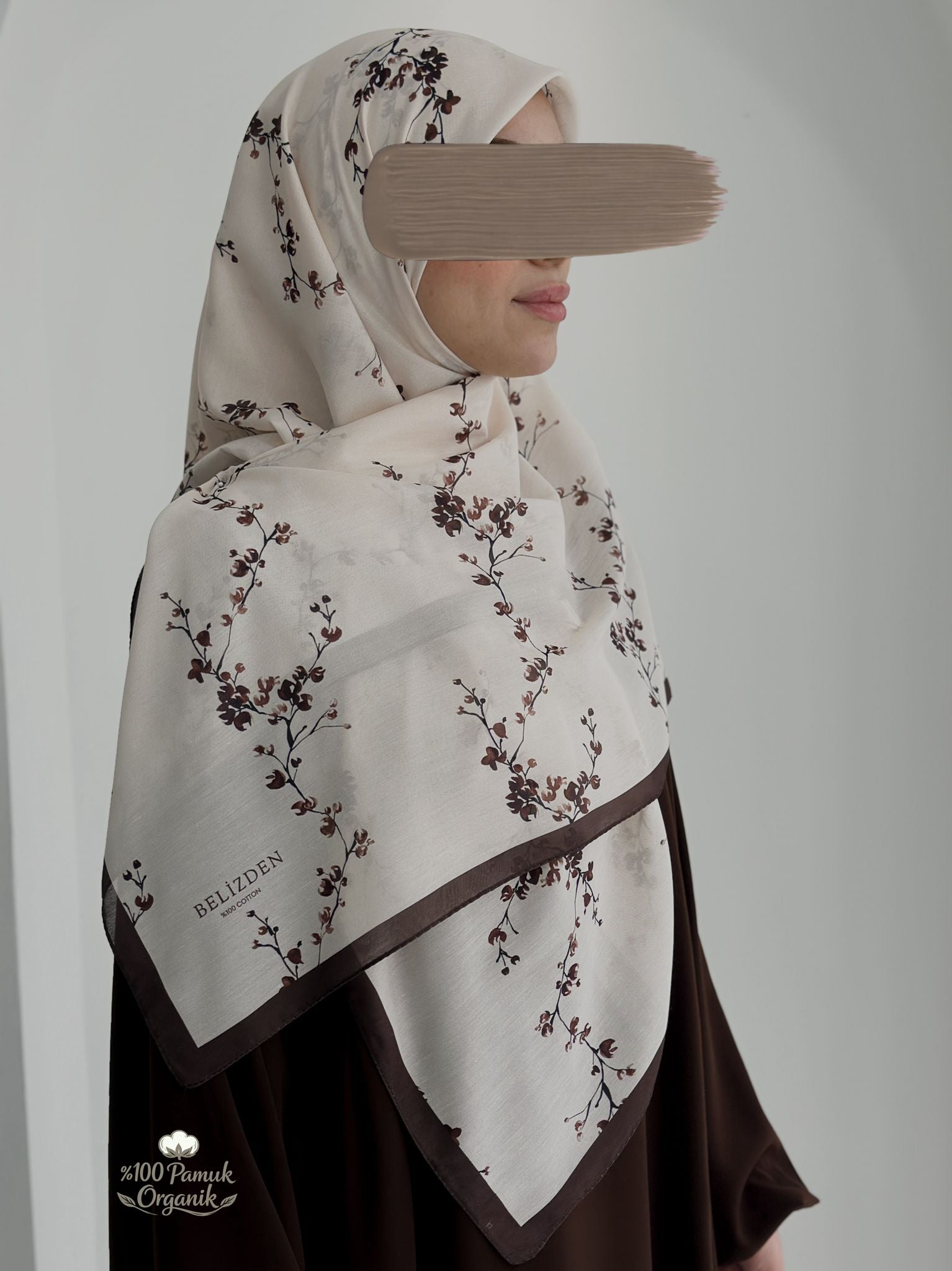 Tomurcuk Desen Organik Eşarp Kahverengi ÖN SİPARİŞ ÜRÜNÜMÜZDÜR